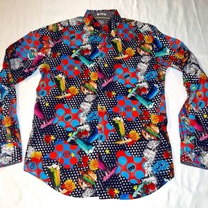 Bugatchi Uomo Button Down Medium Colorful Burger Fries Milkshake Relaxed Fit